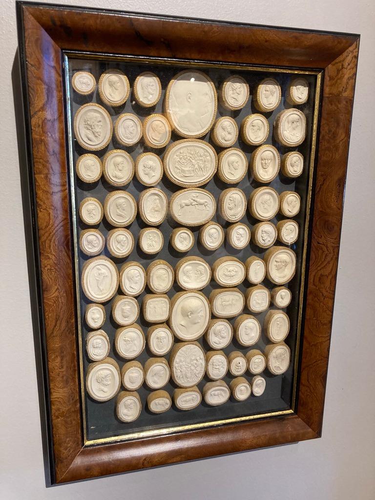 Pair of 19th Century Italian Grand Tour Intaglios in Burl Wood Frames In Good Condition In Stamford, CT