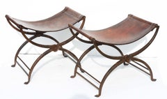Pair 19th Century Italian Leather and Wrought Iron Curule Stools