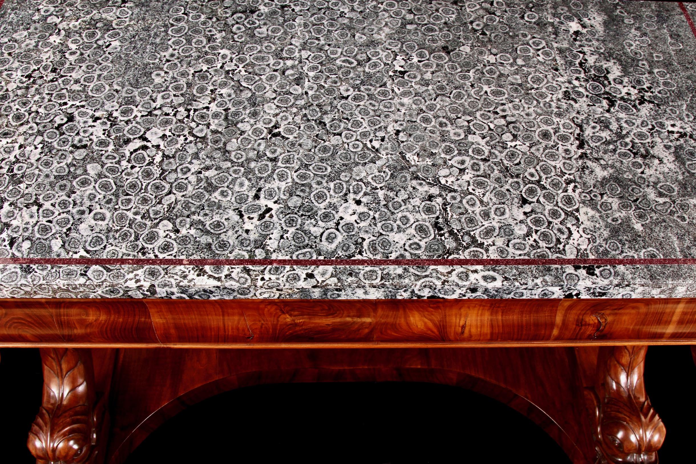 Neoclassical Pair 19th Century Italian Orbicular Granite & Walnut Console Tables For Sale