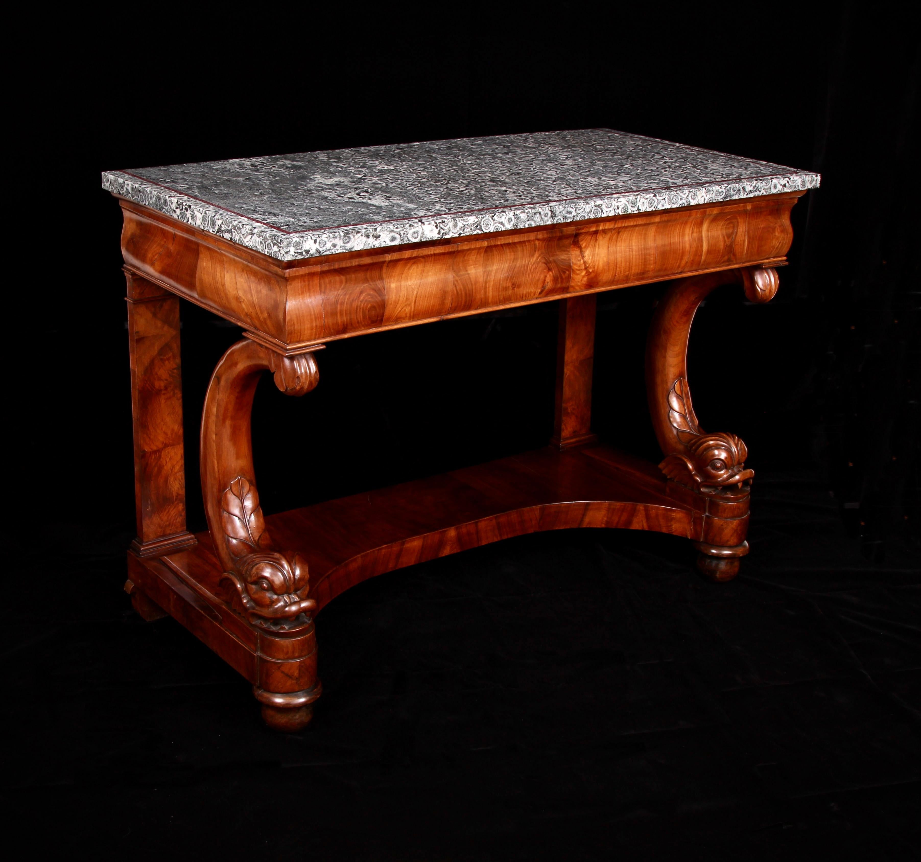 Carved Pair 19th Century Italian Orbicular Granite & Walnut Console Tables For Sale