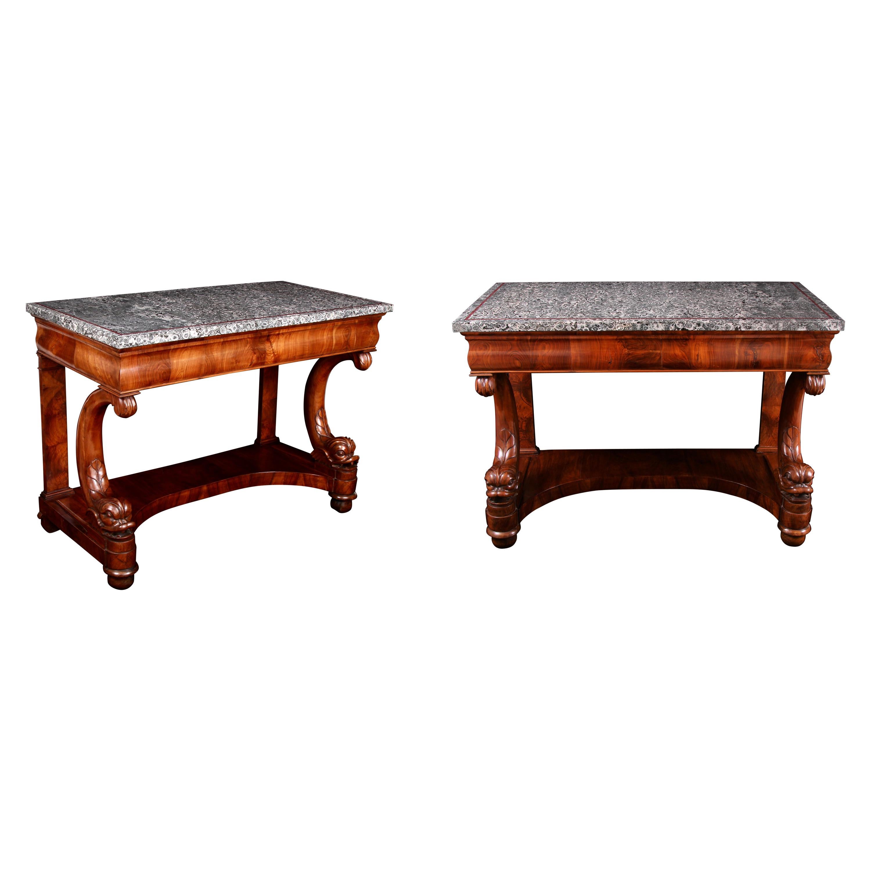 Pair 19th Century Italian Orbicular Granite & Walnut Console Tables For Sale