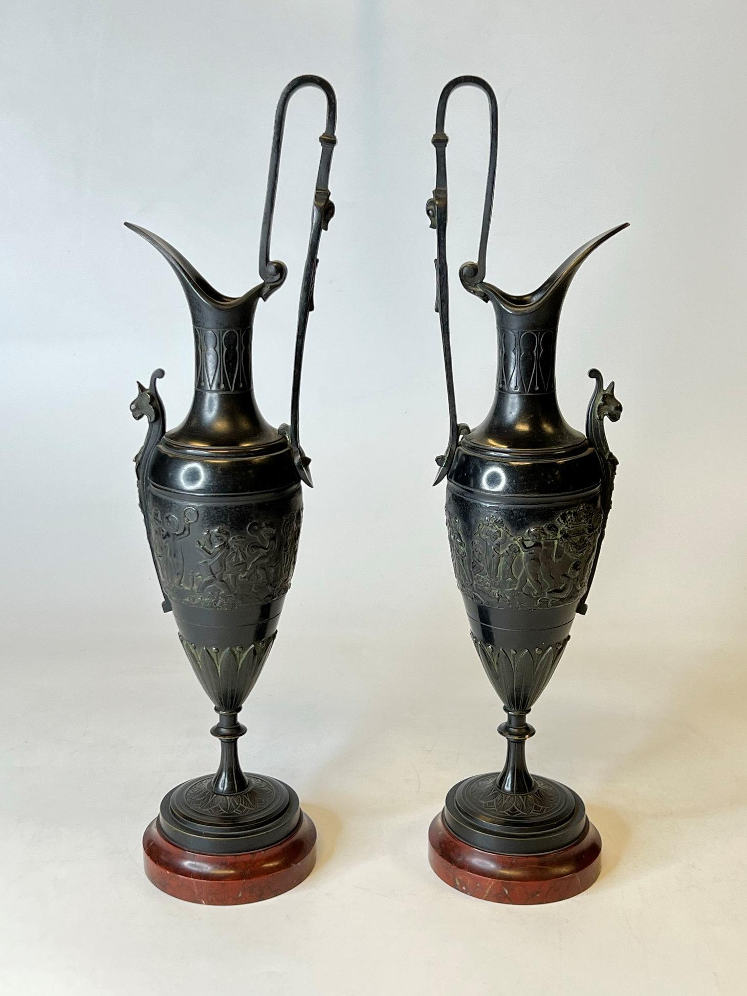 Neoclassical Revival Pair 19th Century Italian Neoclassical Grand Tour Bronze and Rouge Marble Ewers For Sale