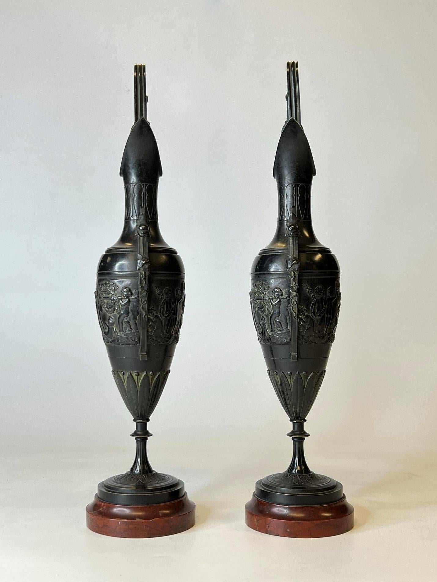 Pair 19th Century Italian Neoclassical Grand Tour Bronze and Rouge Marble Ewers In Good Condition For Sale In New York, NY