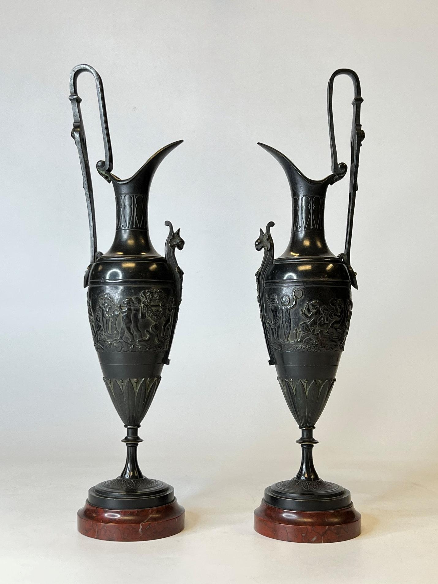 Pair 19th Century Italian Neoclassical Grand Tour Bronze and Rouge Marble Ewers For Sale 1