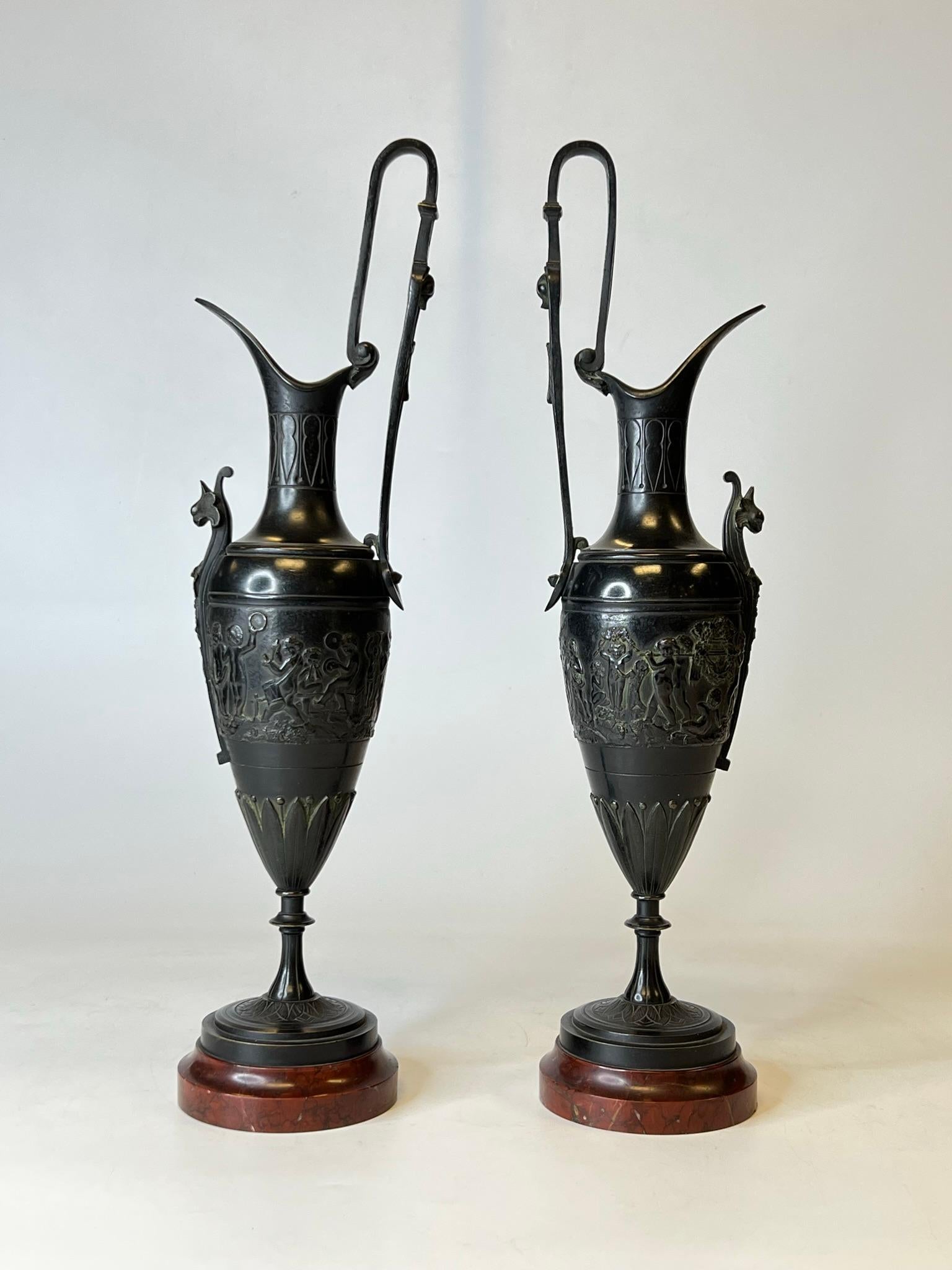 Pair 19th Century Italian Neoclassical Grand Tour Bronze and Rouge Marble Ewers For Sale 2