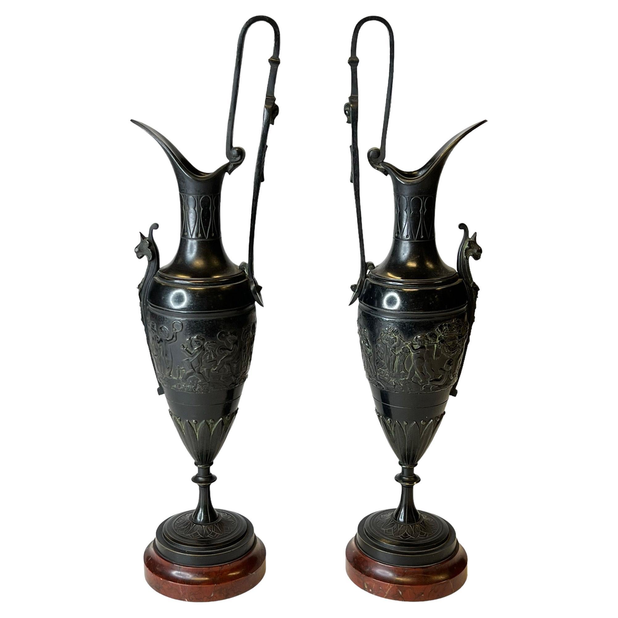 Pair 19th Century Italian Neoclassical Grand Tour Bronze and Rouge Marble Ewers For Sale