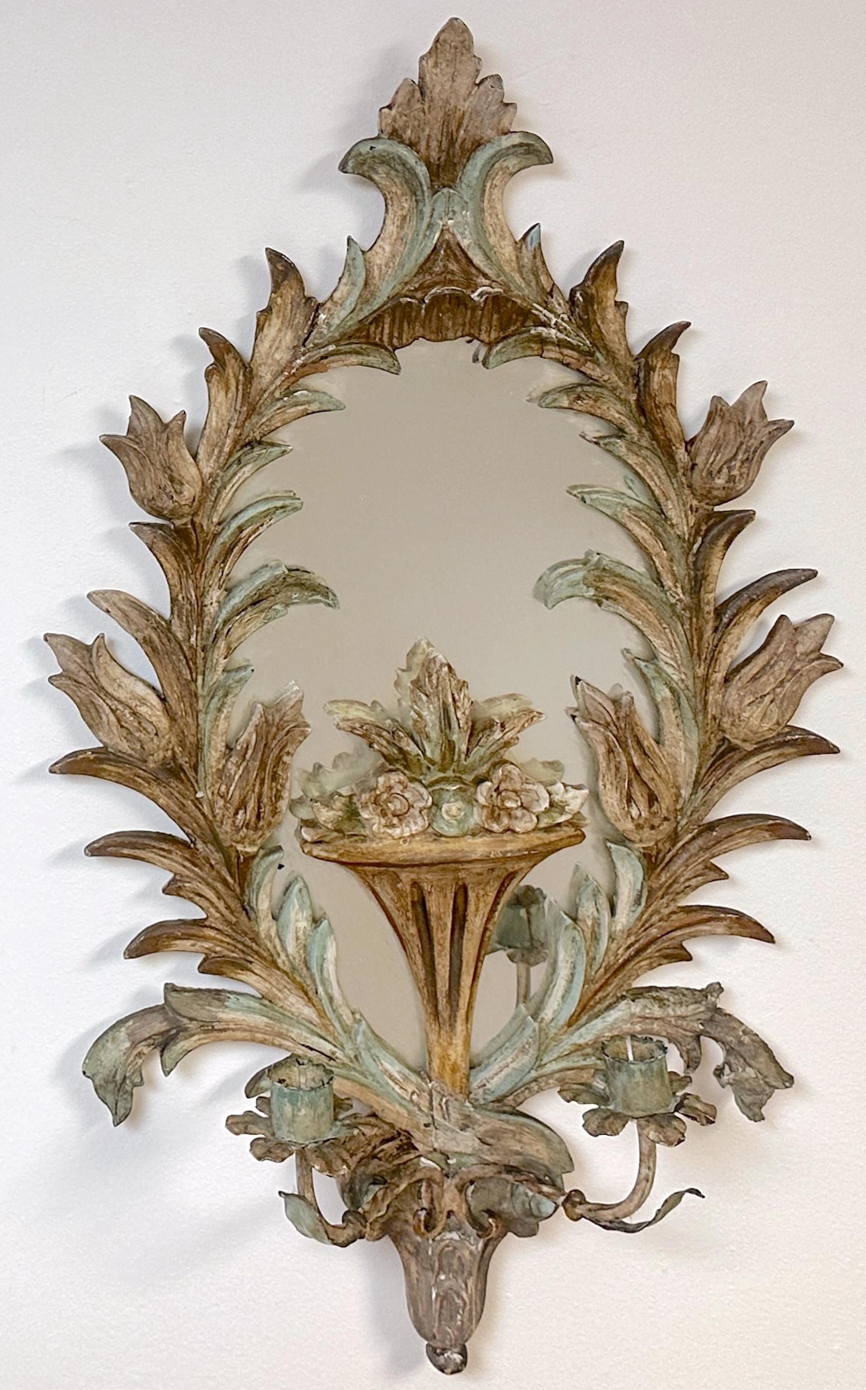 Hand-Painted Pair 19th Century Italian Painted Venetian Rococo Wall Mirrors & Candle Holders For Sale