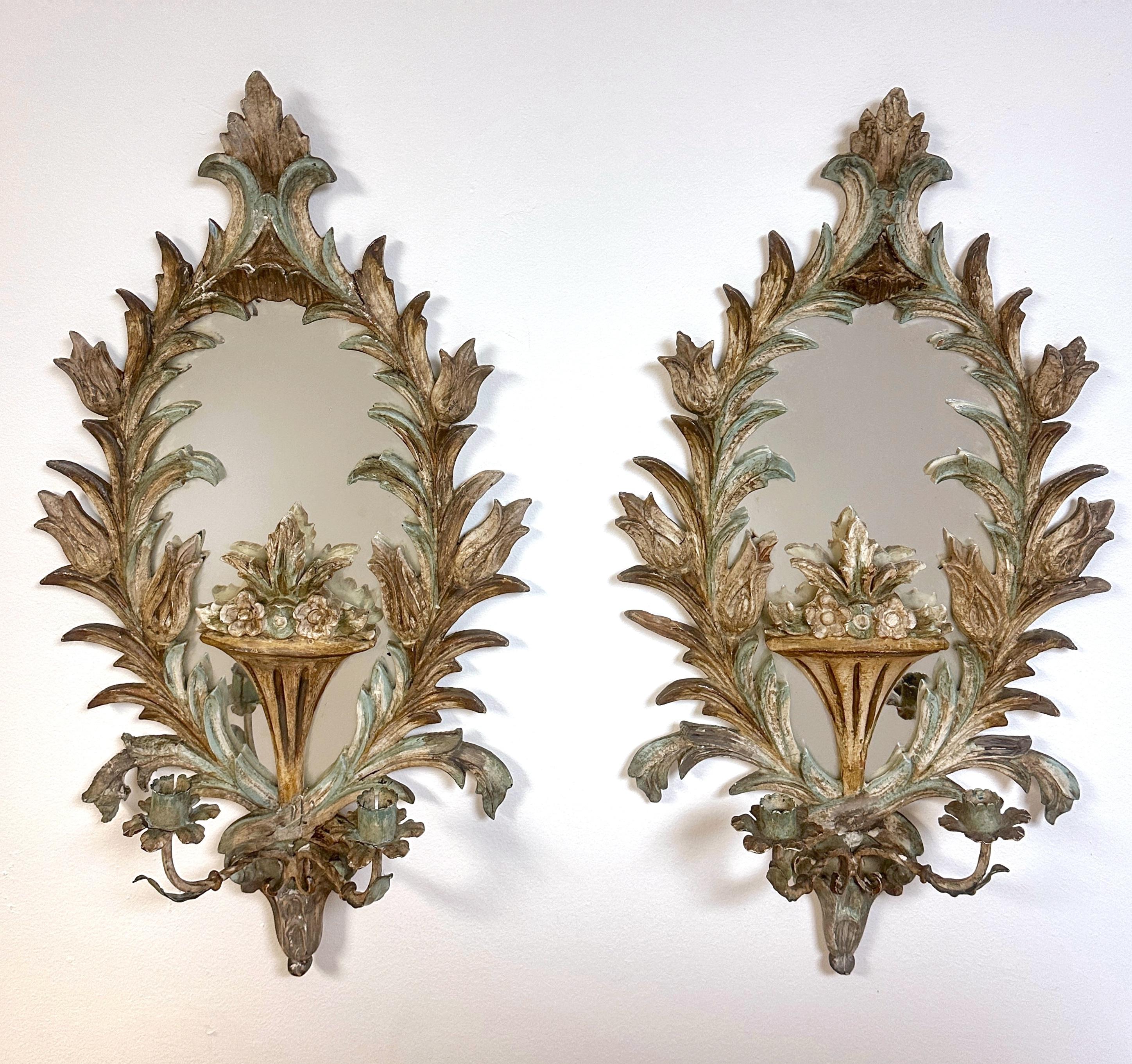 Pair 19th Century Italian Painted Venetian Rococo Wall Mirrors & Candle Holders In Good Condition For Sale In West Palm Beach, FL