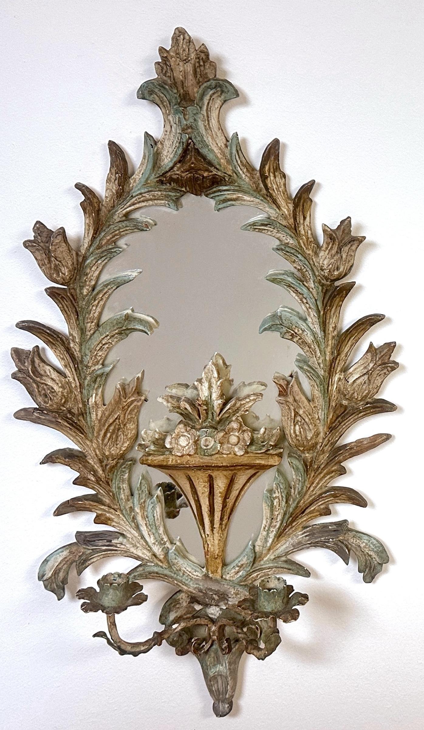 Metal Pair 19th Century Italian Painted Venetian Rococo Wall Mirrors & Candle Holders For Sale