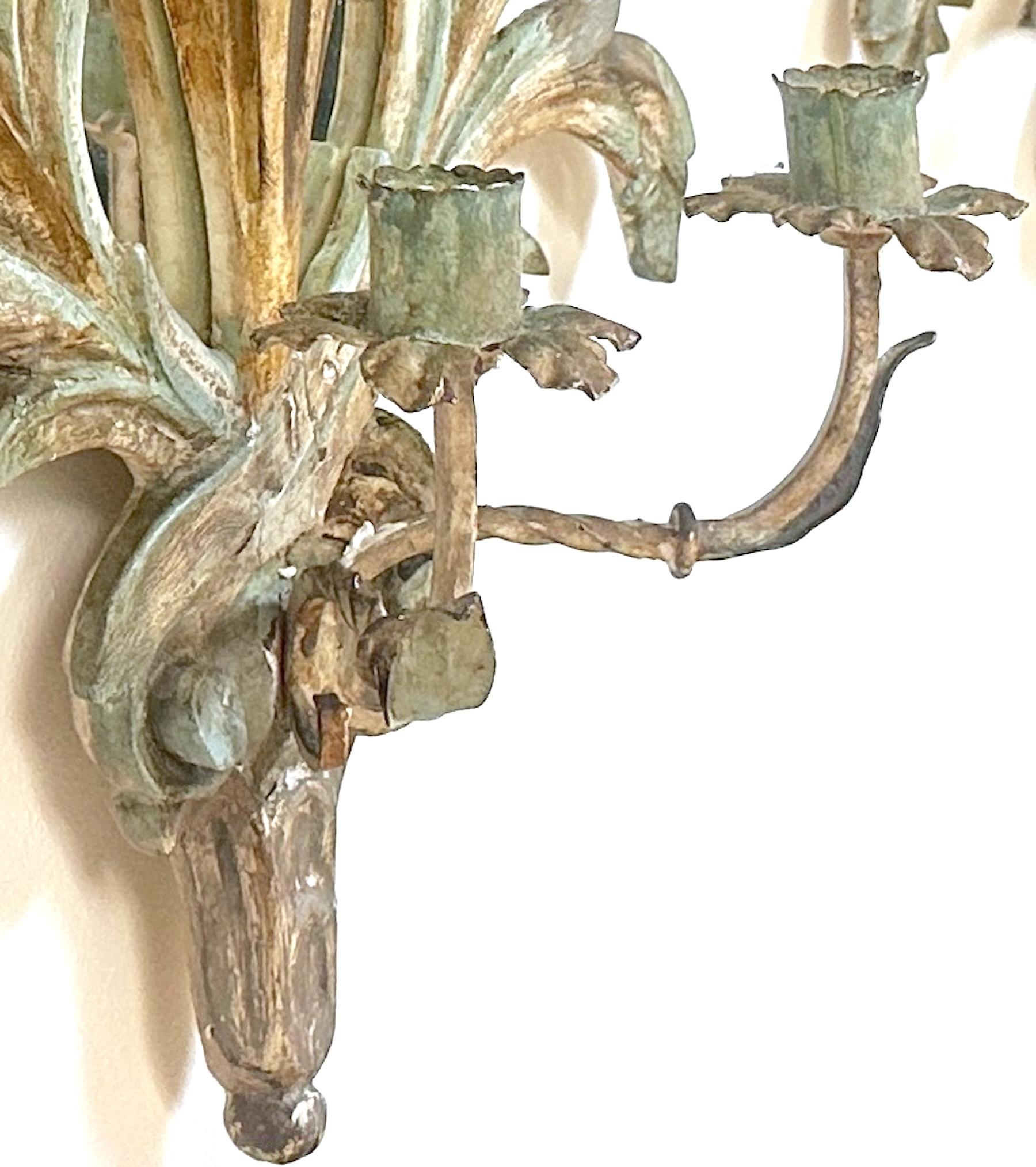 Pair 19th Century Italian Painted Venetian Rococo Wall Mirrors & Candle Holders For Sale 1