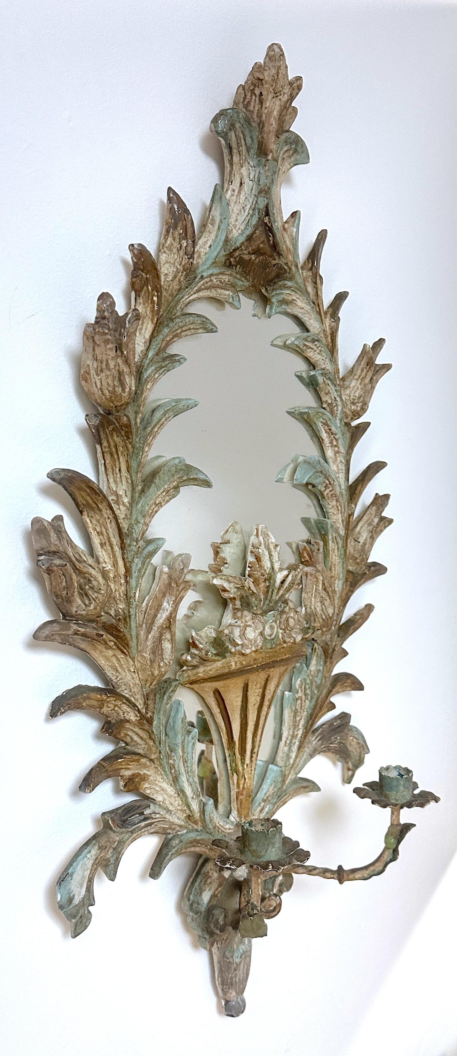 Pair 19th Century Italian Painted Venetian Rococo Wall Mirrors & Candle Holders For Sale 2