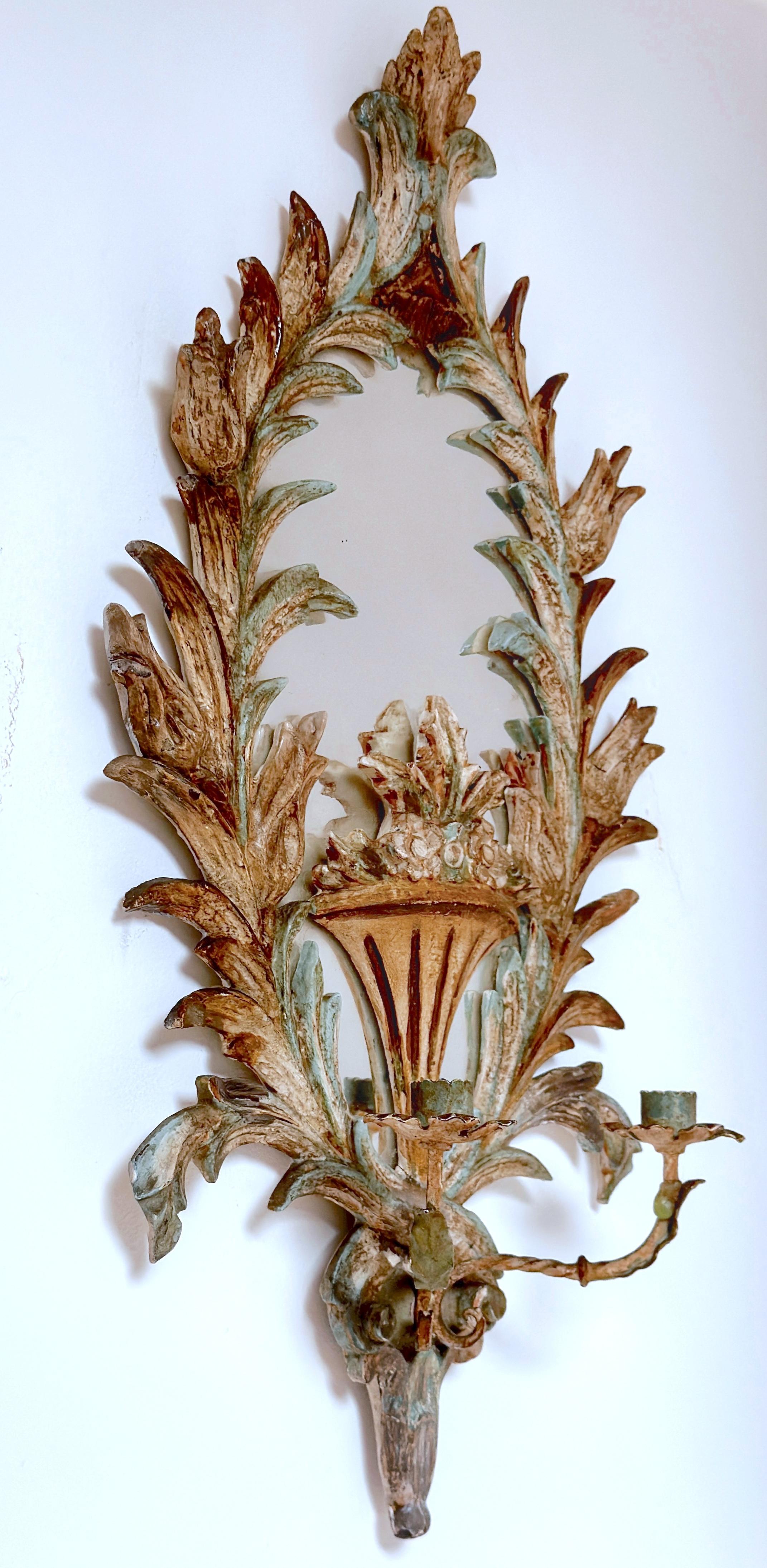 Pair 19th Century Italian Painted Venetian Rococo Wall Mirrors & Candle Holders For Sale 3