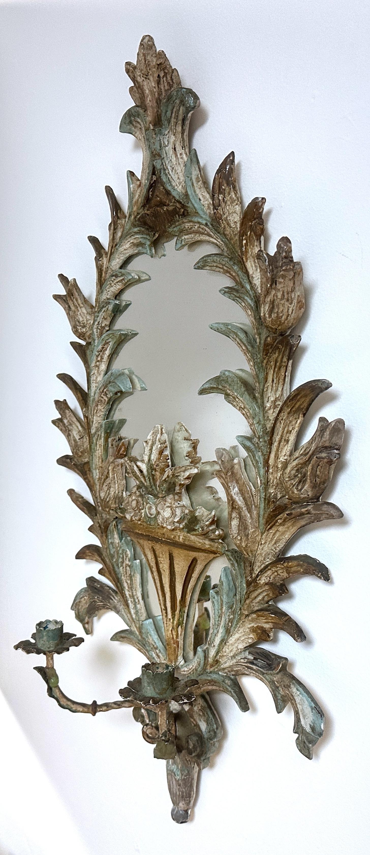 Pair 19th Century Italian Painted Venetian Rococo Wall Mirrors & Candle Holders For Sale 4