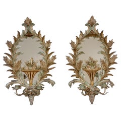 Pair 19th Century Italian Painted Venetian Rococo Wall Mirrors & Candle Holders