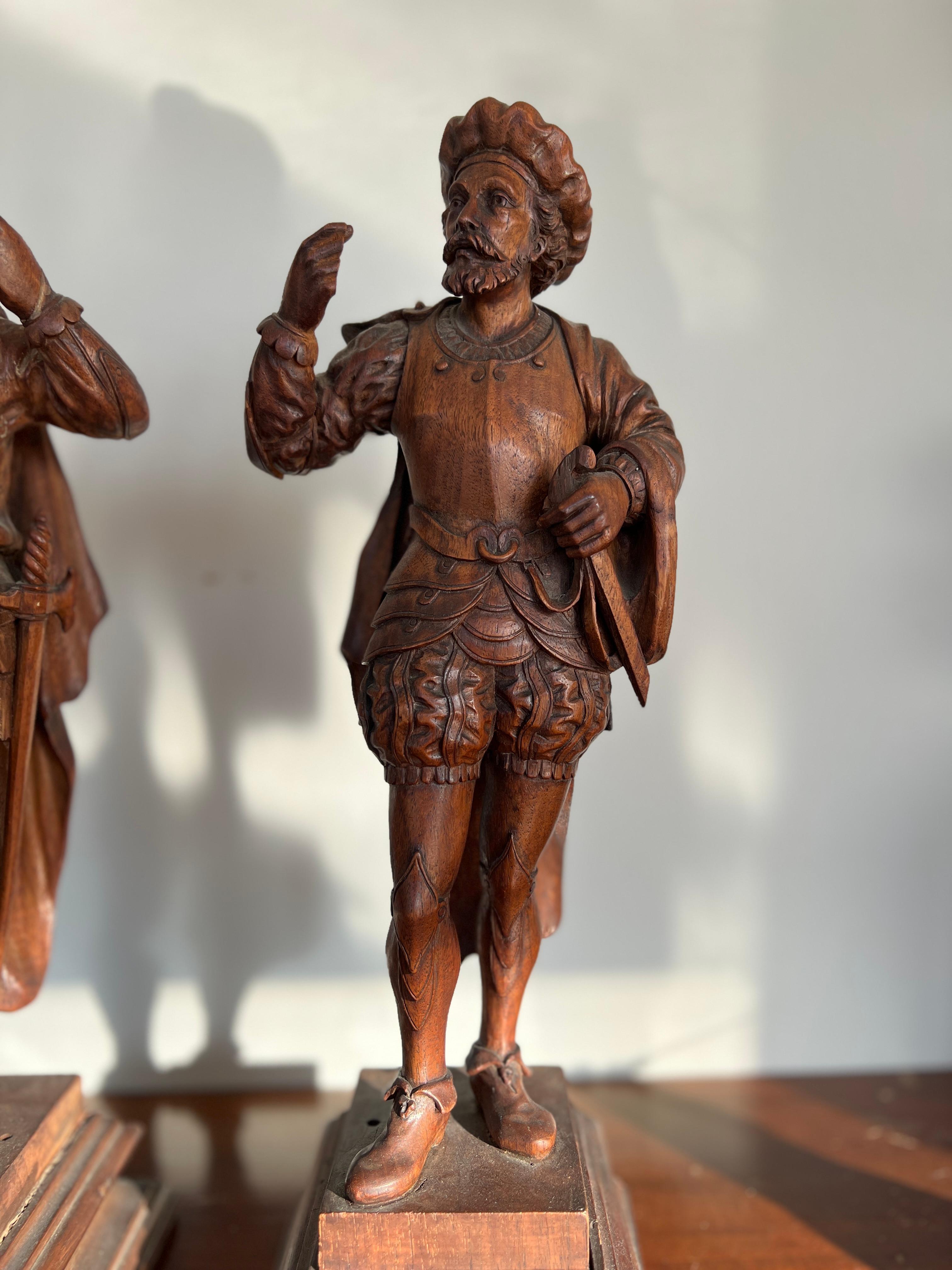 Likely Italian, but possibly German origin - 19th century

A pair of finely carved wood figures of Spanish Conquistadors or German Landsknecht. Each modeled in the Renaissance attire with detailed draped clothing, leather boots, swords and