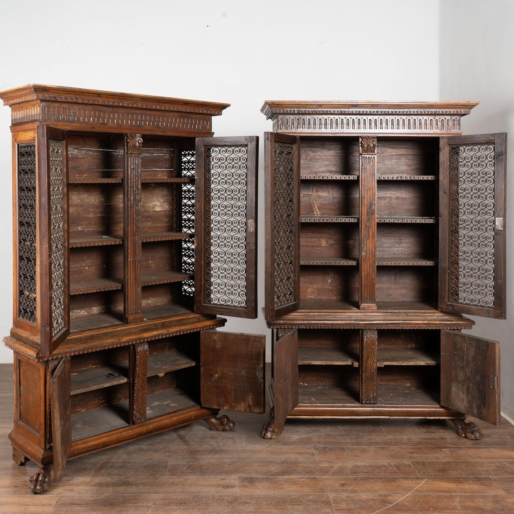 Renaissance Revival Pair, 19th Century Italian Walnut Bookcases with Open Grillwork Display Cabinet For Sale