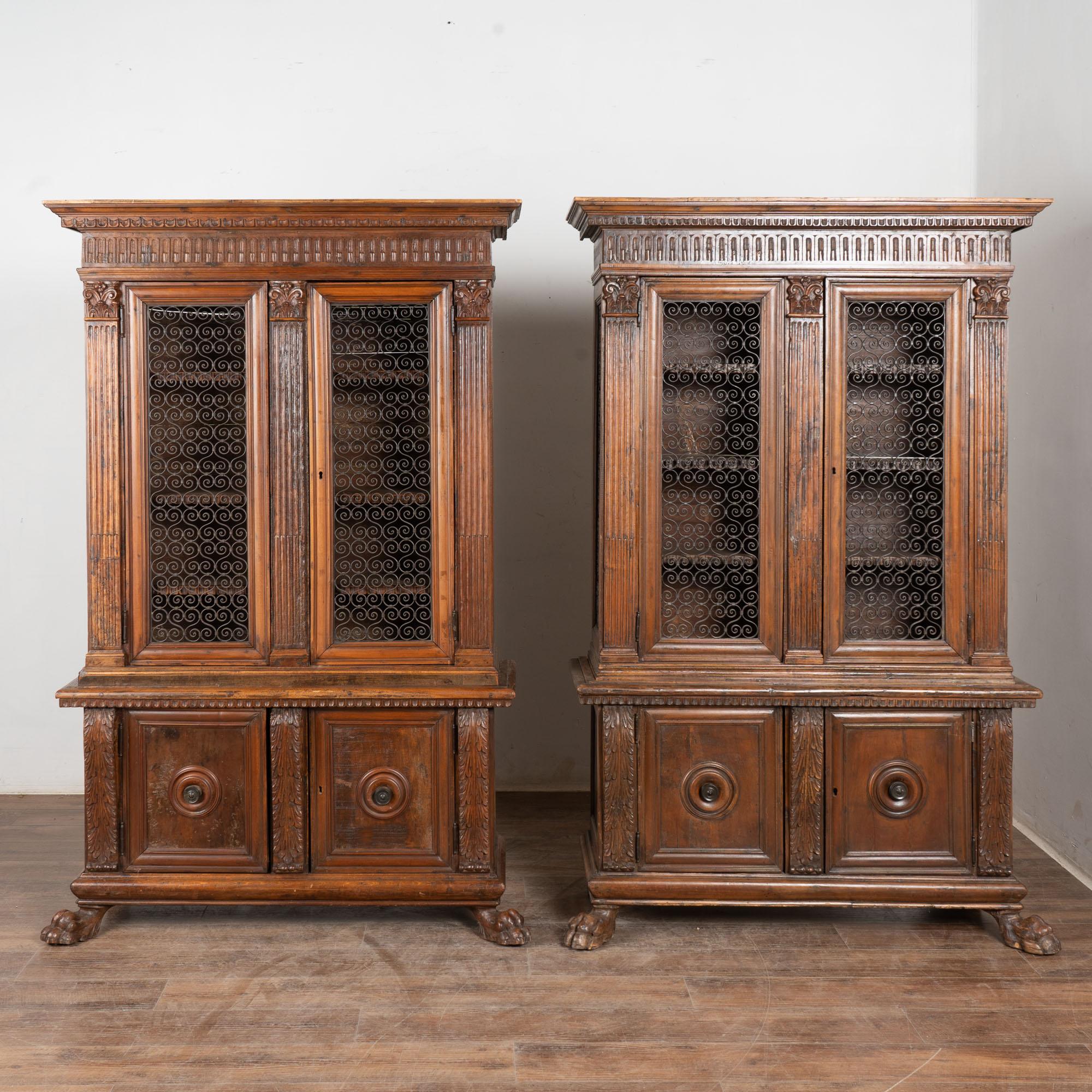 Pair, 19th Century Italian Walnut Bookcases with Open Grillwork Display Cabinet In Fair Condition For Sale In Round Top, TX