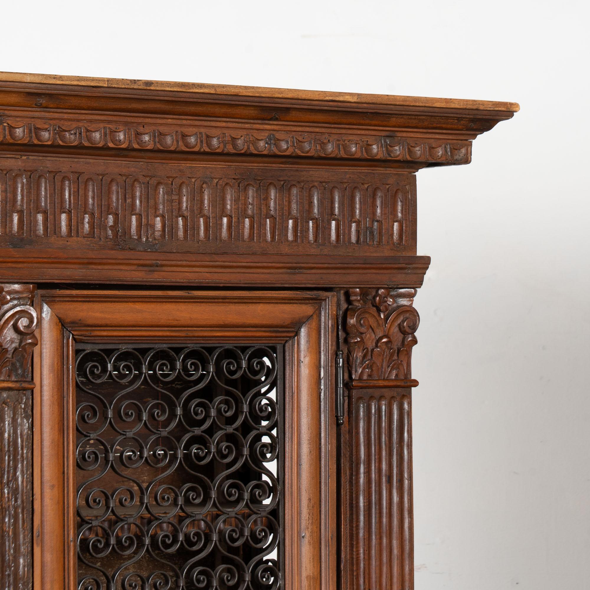 Metal Pair, 19th Century Italian Walnut Bookcases with Open Grillwork Display Cabinet For Sale