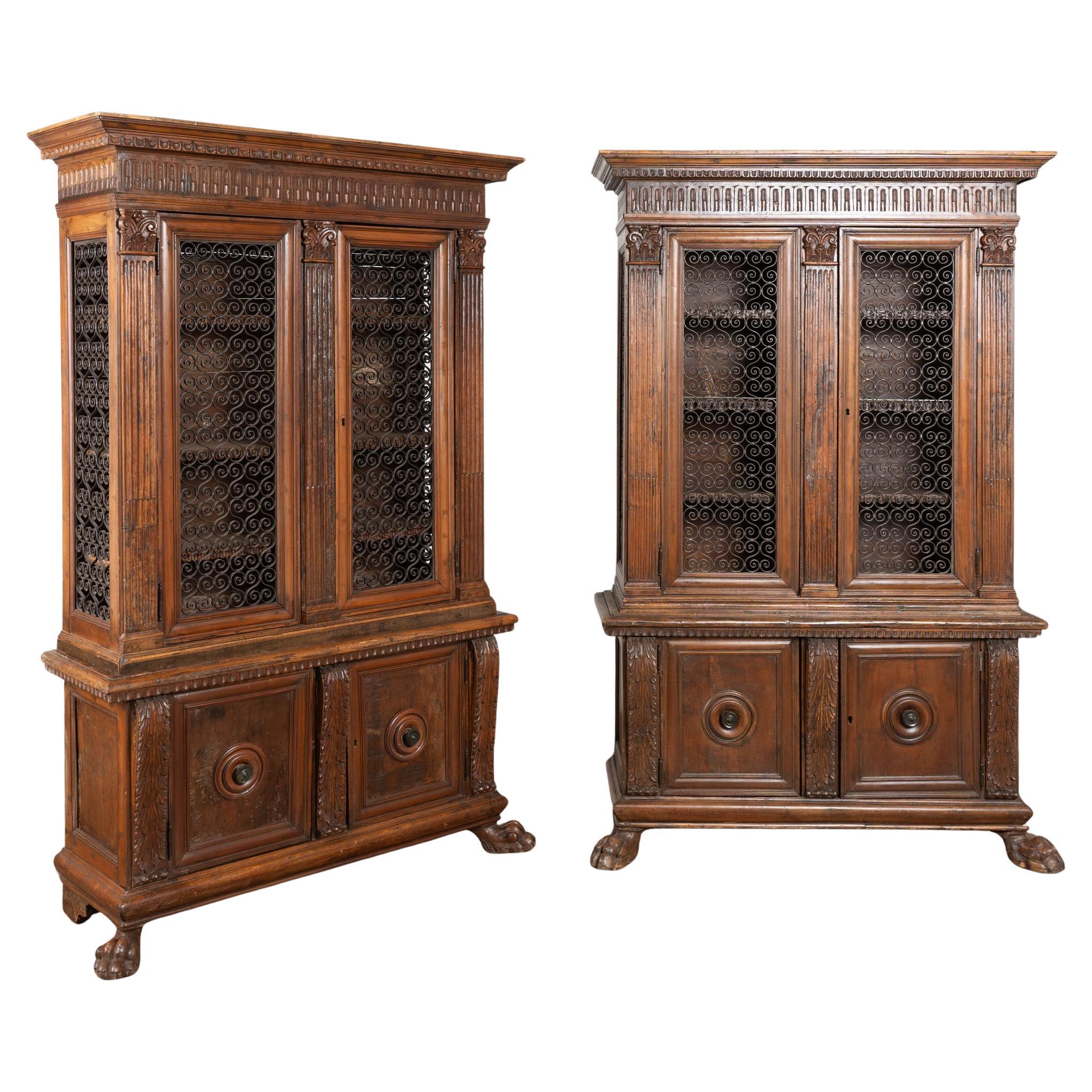 Pair, 19th Century Italian Walnut Bookcases with Open Grillwork Display Cabinet For Sale