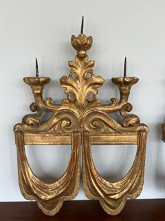 Pair, 19th Century Italian Water Gilt Wood 3-Light Candle Sconces