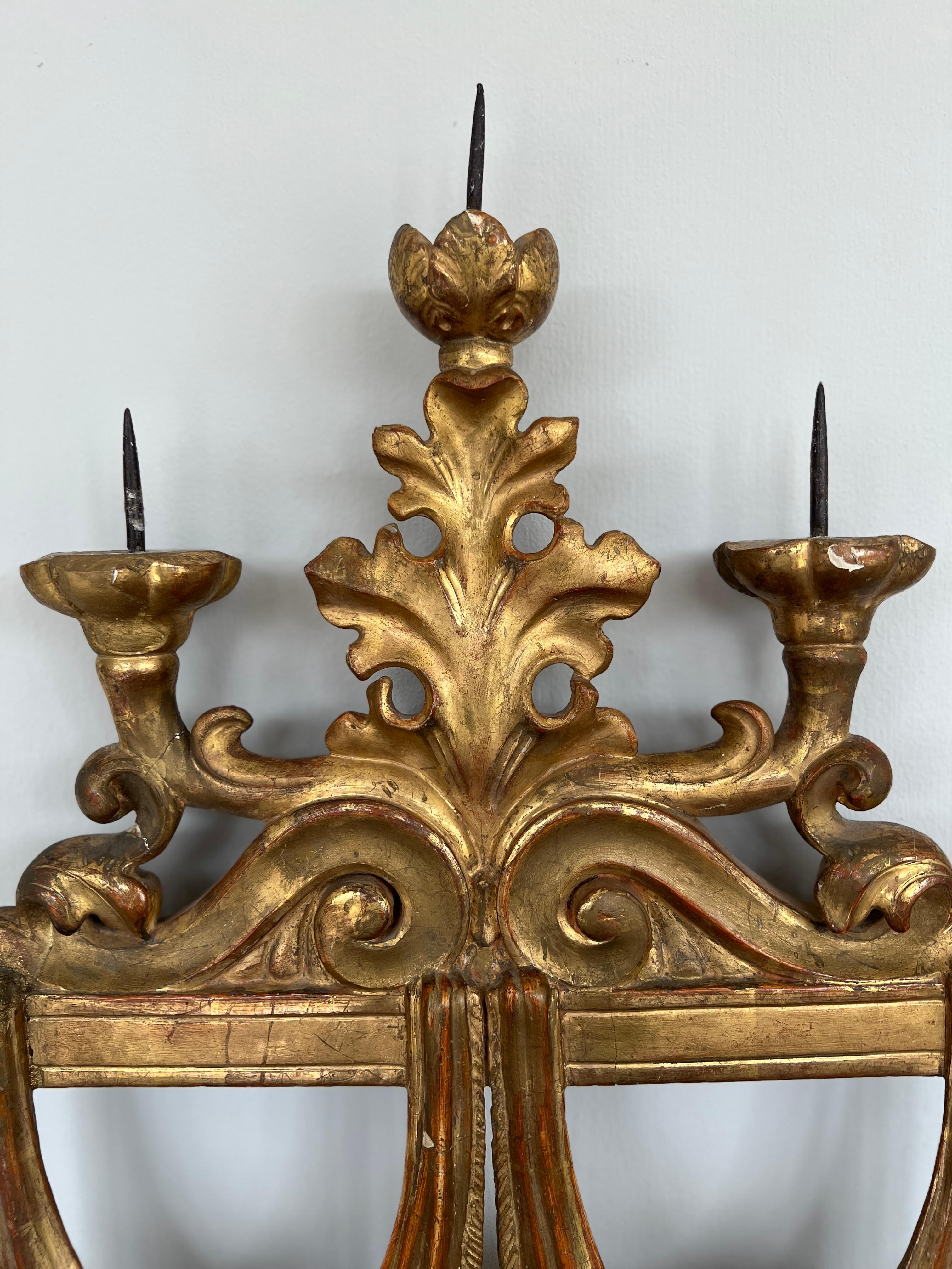 Pair, 19th Century Italian Water Gilt Wood 3-Light Candle Sconces In Good Condition For Sale In Atlanta, GA