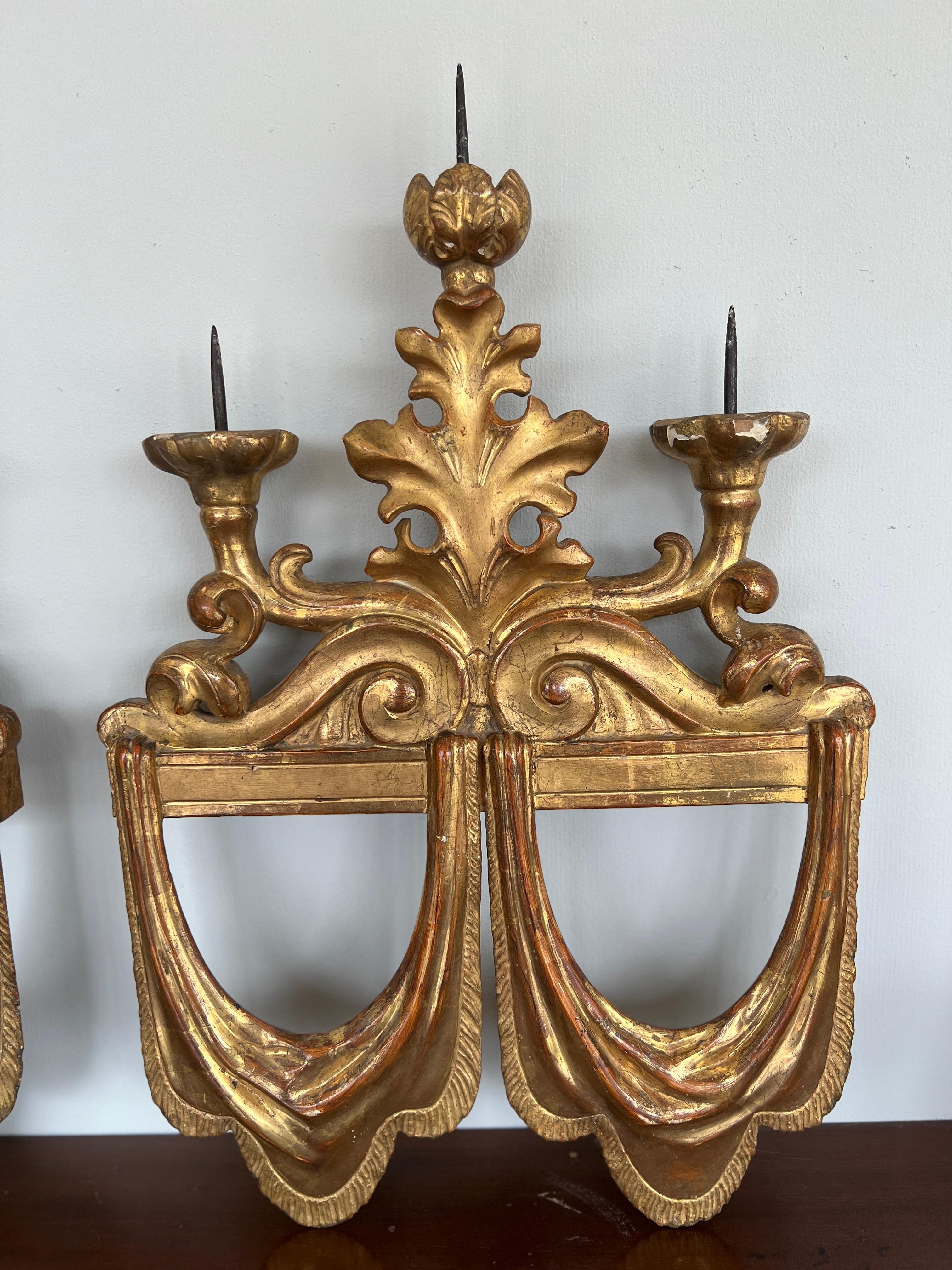 Pair, 19th Century Italian Water Gilt Wood 3-Light Candle Sconces For Sale 1