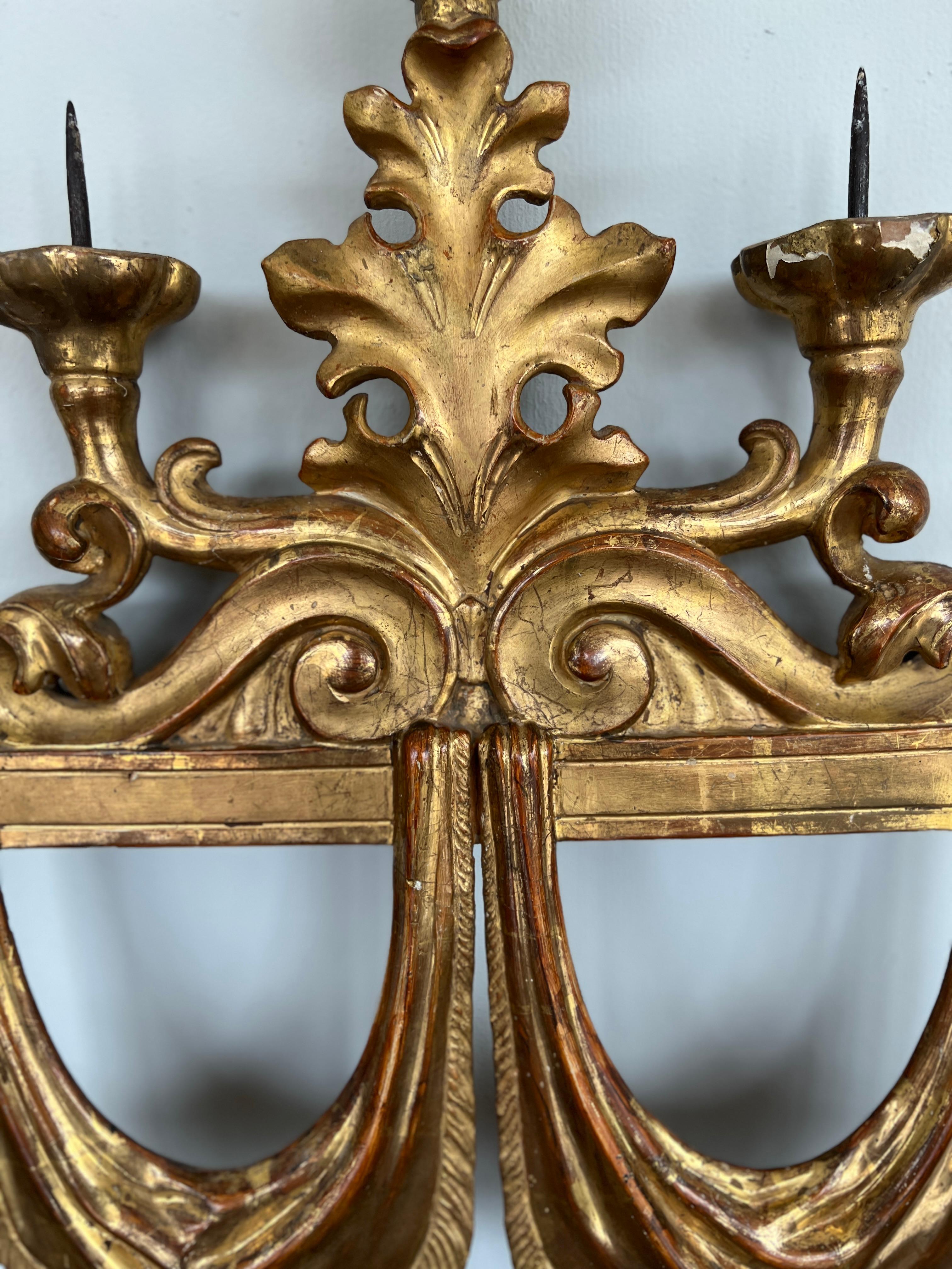 Pair, 19th Century Italian Water Gilt Wood 3-Light Candle Sconces For Sale 2