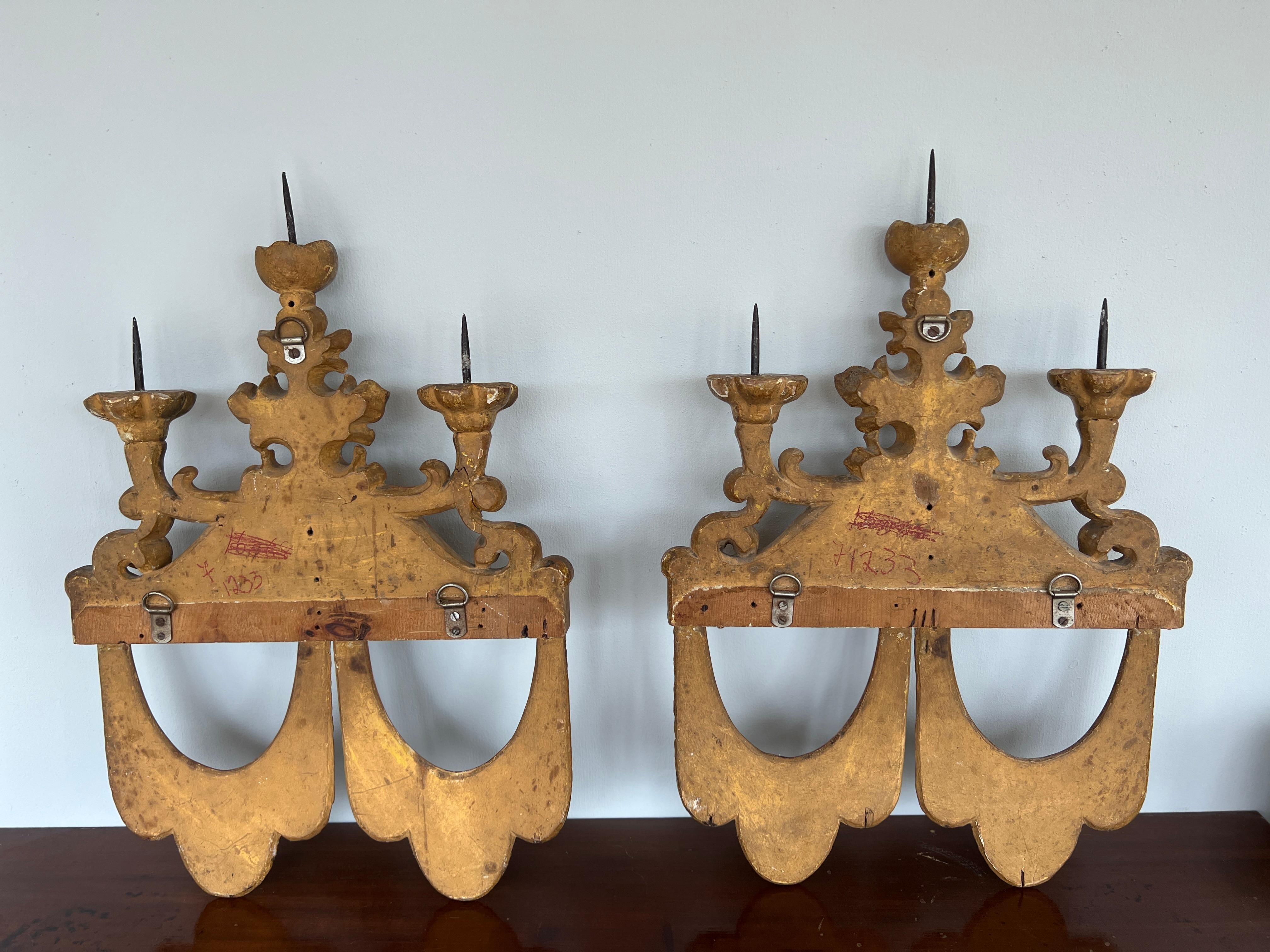 Pair, 19th Century Italian Water Gilt Wood 3-Light Candle Sconces For Sale 4