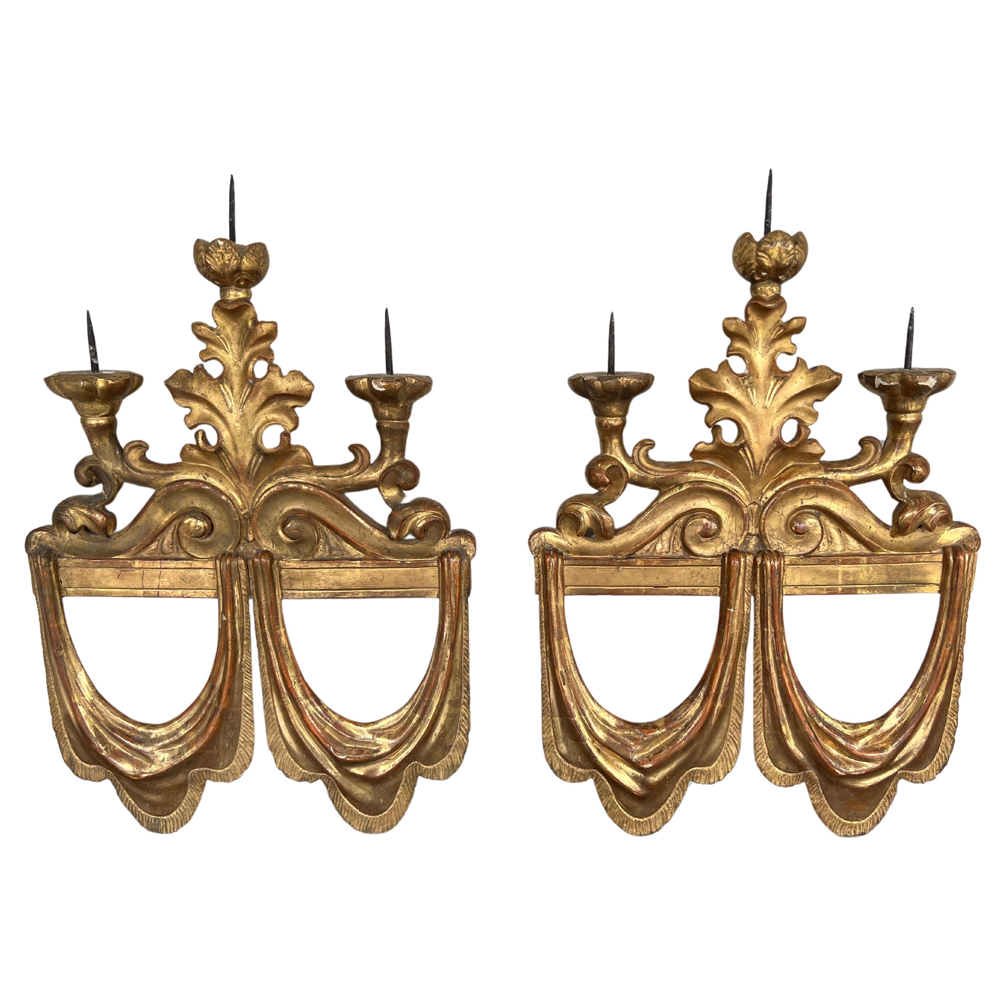 Pair, 19th Century Italian Water Gilt Wood 3-Light Candle Sconces For Sale