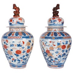 Pair 19th Century Japanese Arita Lidded Imari Vases