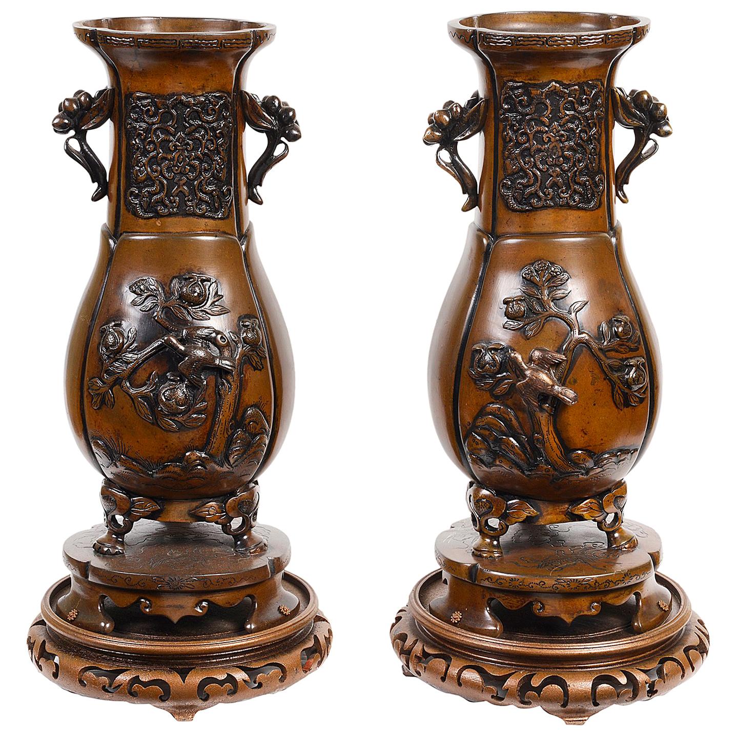 Pair of 19th Century Japanese Bronze Vases For Sale