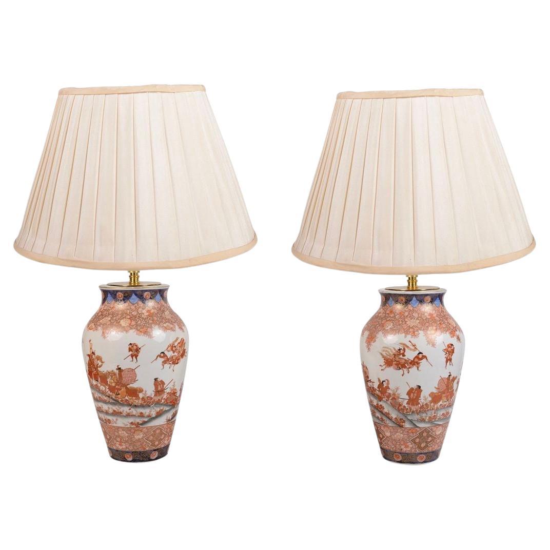 Pair 19th Century Japanese Fukagawa porcelain vases / lamps For Sale