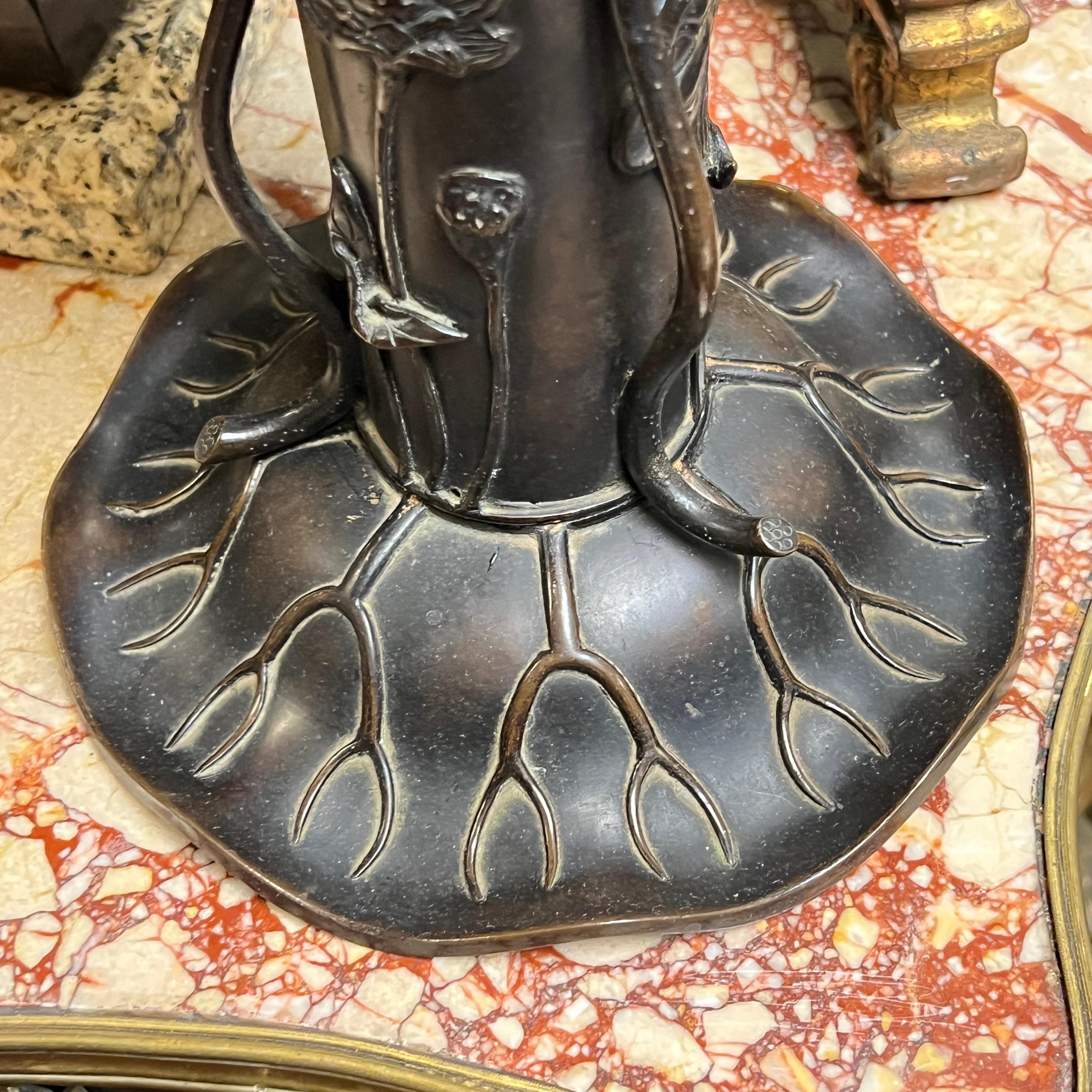 Pair 19th Century Japanese Meiji Bronze Lilly Pad Form Table Lamps For Sale 7