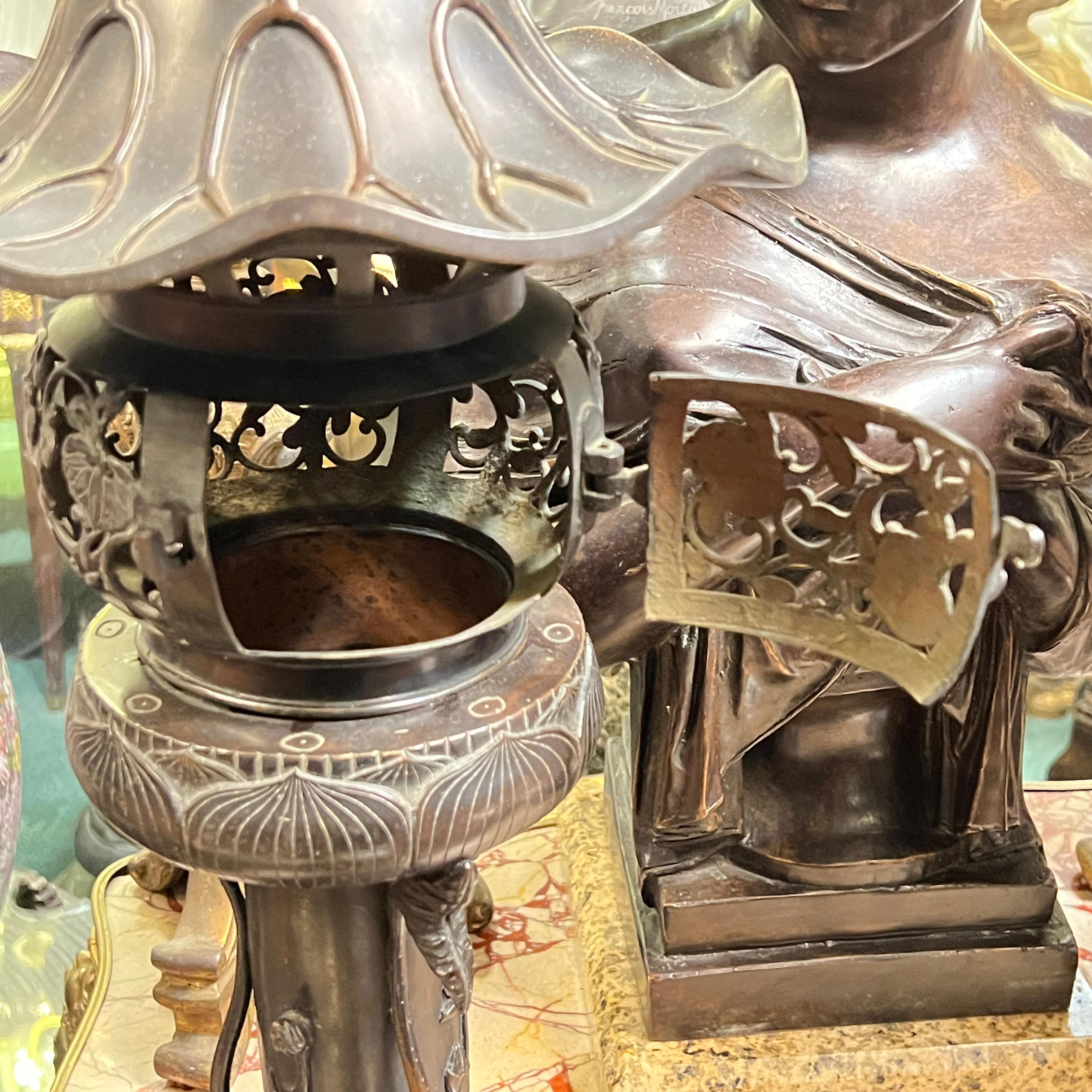 Pair 19th Century Japanese Meiji Bronze Lilly Pad Form Table Lamps For Sale 1