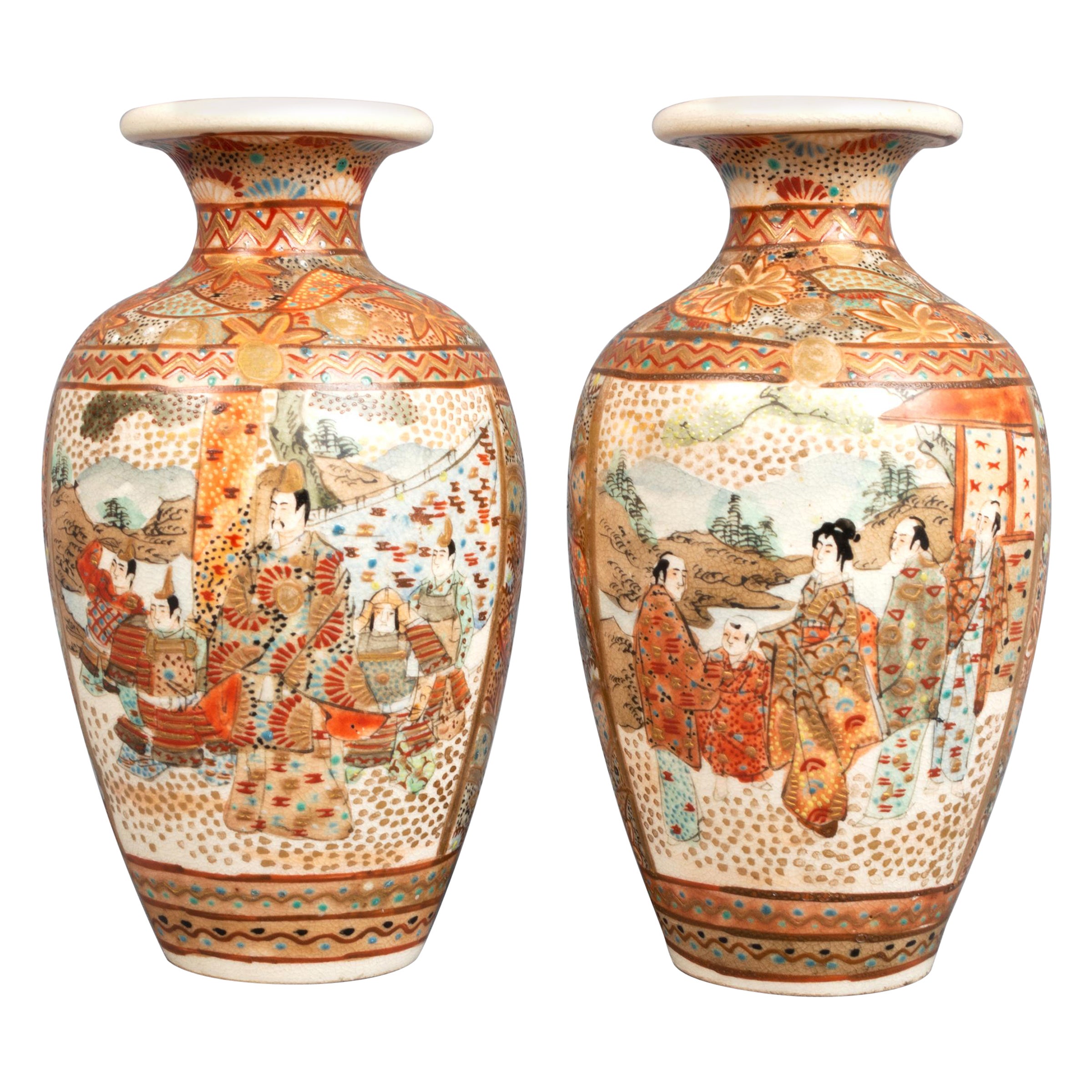 Pair 19th Century Japanese Miniature Kutani Vases Signed Meiji Period, C.1880
