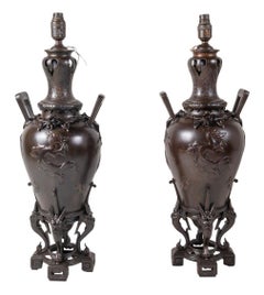 Pair 19th Century Japanese Style Bronze Vases Lamps