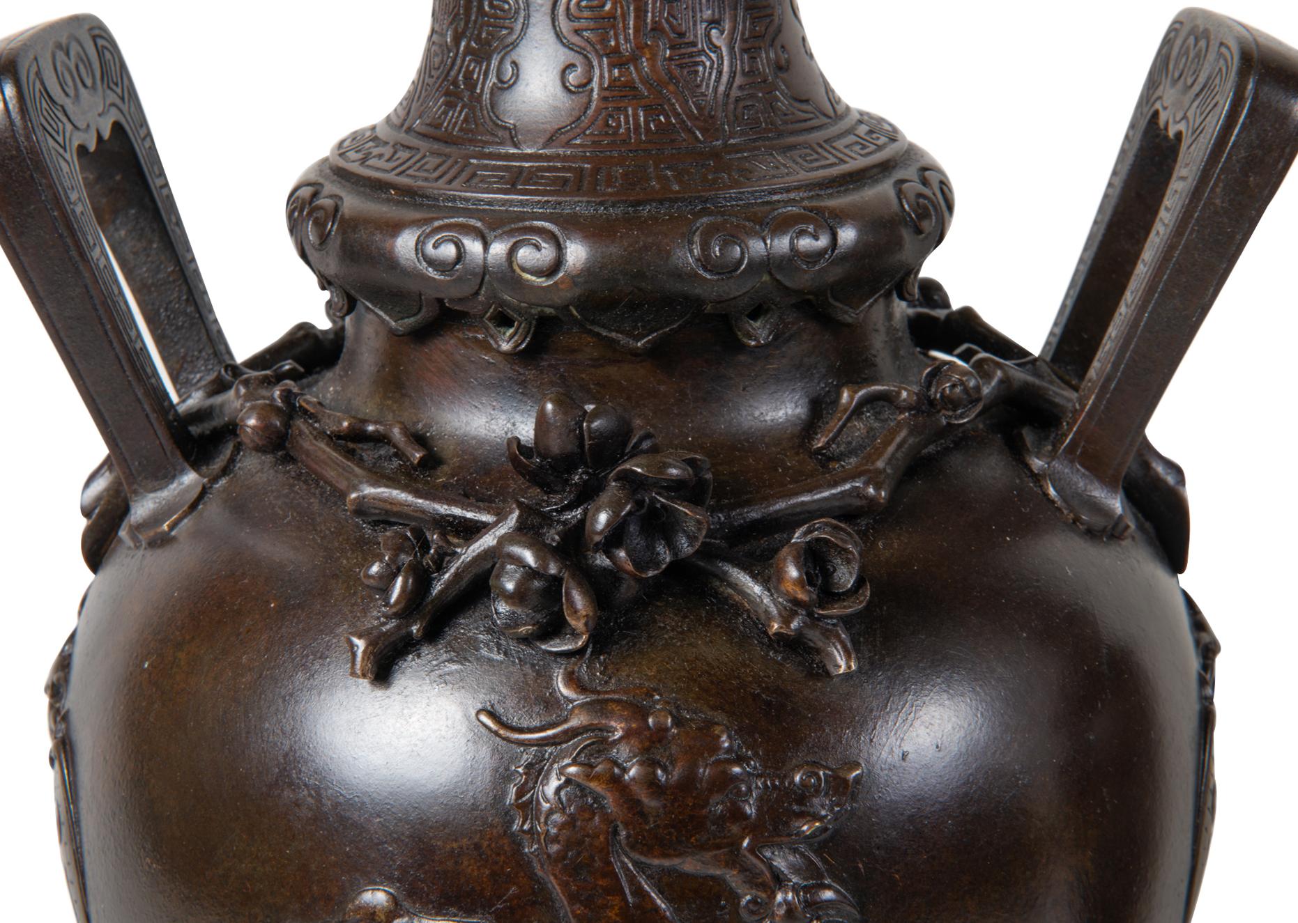 French Pair 19th Century Japanese Style Bronze Vases Lamps For Sale
