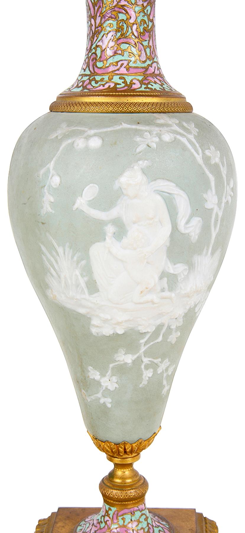 French Pair 19th Century Jasper Wedgewood + Enamel Vases For Sale