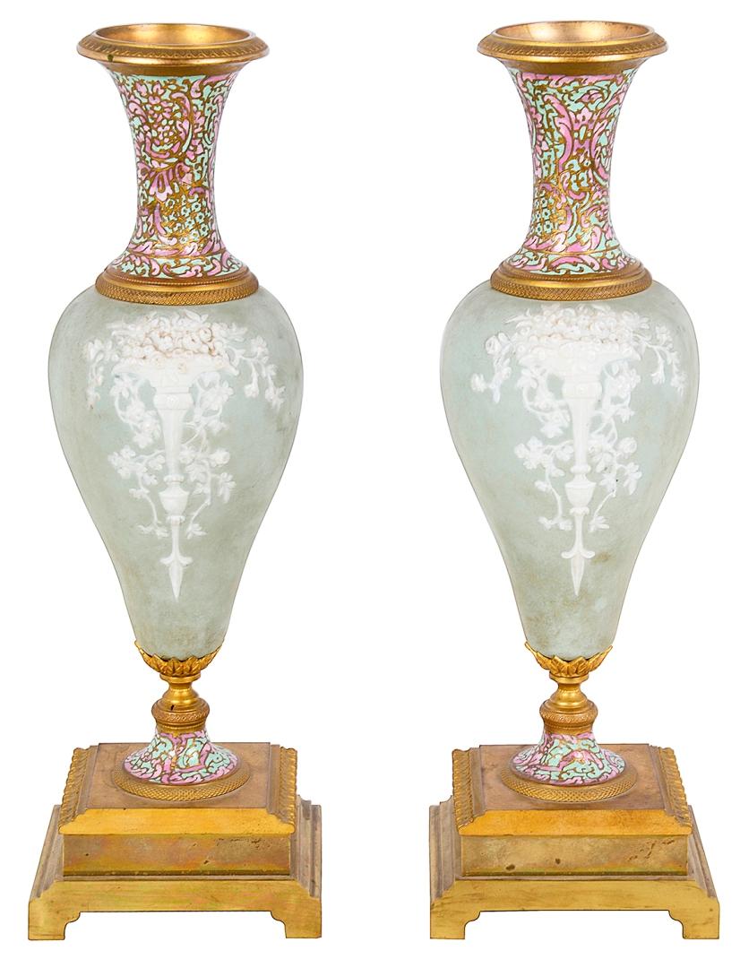Pair 19th Century Jasper Wedgewood + Enamel Vases For Sale 1