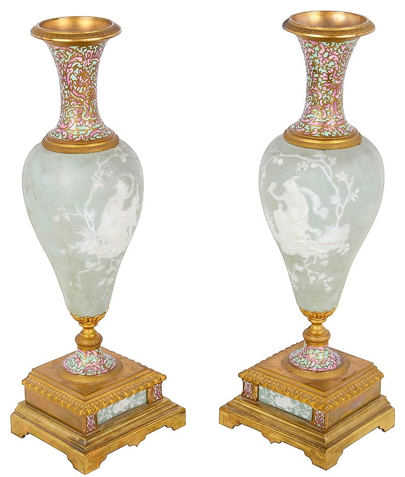 Pair 19th Century Jasper Wedgewood + Enamel Vases For Sale 2