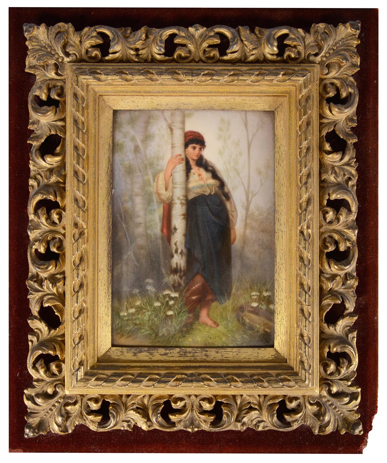 A fine quality pair of 19th Century Austrian, KPM porcelain plaques, each depicting pretty young maidens under a tree, mounted in carved scrolling gilt wood frames, set on a velvet backing.