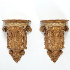 Pair 19th Century Large Carved Giltwood Wall Brackets in Italian Baroque Style