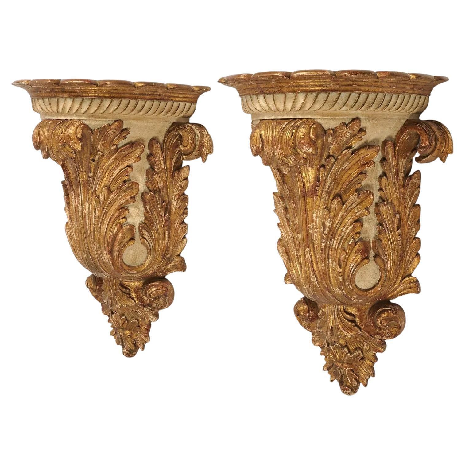 Pair 19th Century Large Carved Giltwood Wall Brackets in Italian Baroque Style