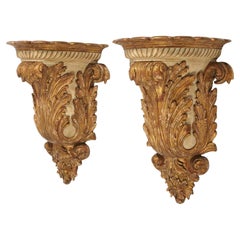 Pair 19th Century Large Carved Giltwood Wall Brackets in Italian Baroque Style