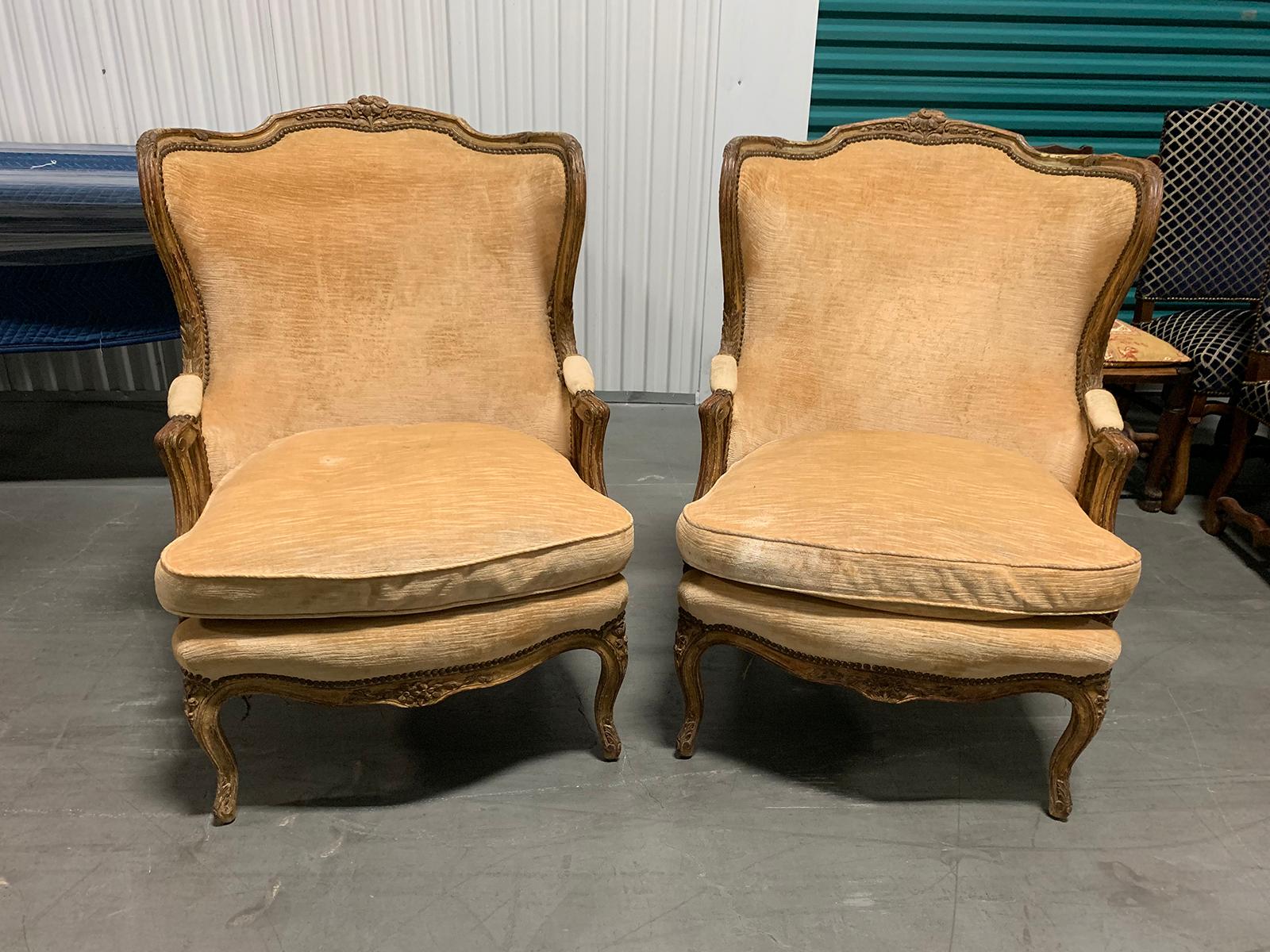 Pair of 19th century large French upholstered bergere oreilles armchairs, polychrome finish
Measures: 29