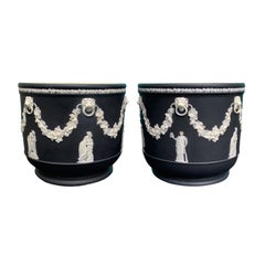 Pair of 19th Century Large Wedgwood Black Basalt Jasperware Cachepots