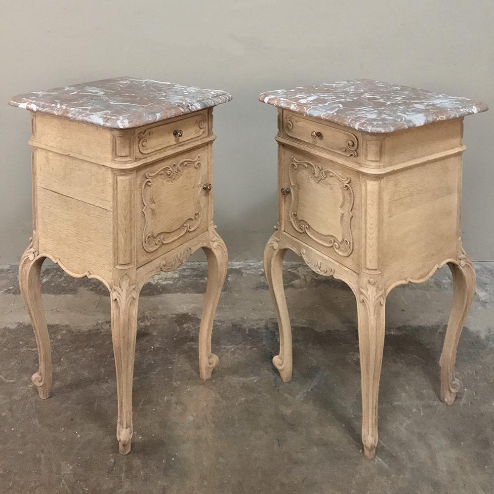 Louis XV Pair of 19th Century Liegoise Stripped Oak Marble Top Nightstands