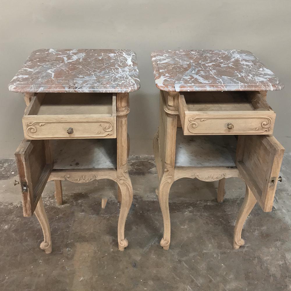 Hand-Carved Pair of 19th Century Liegoise Stripped Oak Marble Top Nightstands