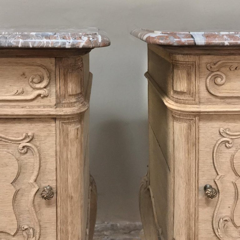 Pair of 19th Century Liegoise Stripped Oak Marble Top Nightstands at