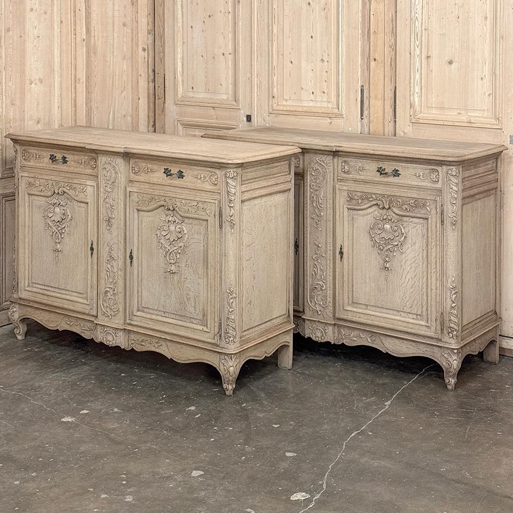 Pair 19th Century Louis XIV Buffets in Stripped Oak will create stylish symmetry in any room!  Perfect for niches flanking a fireplace, on opposite or adjacent walls, or even side by side to create a long effect, each identical twin was hand-crafted